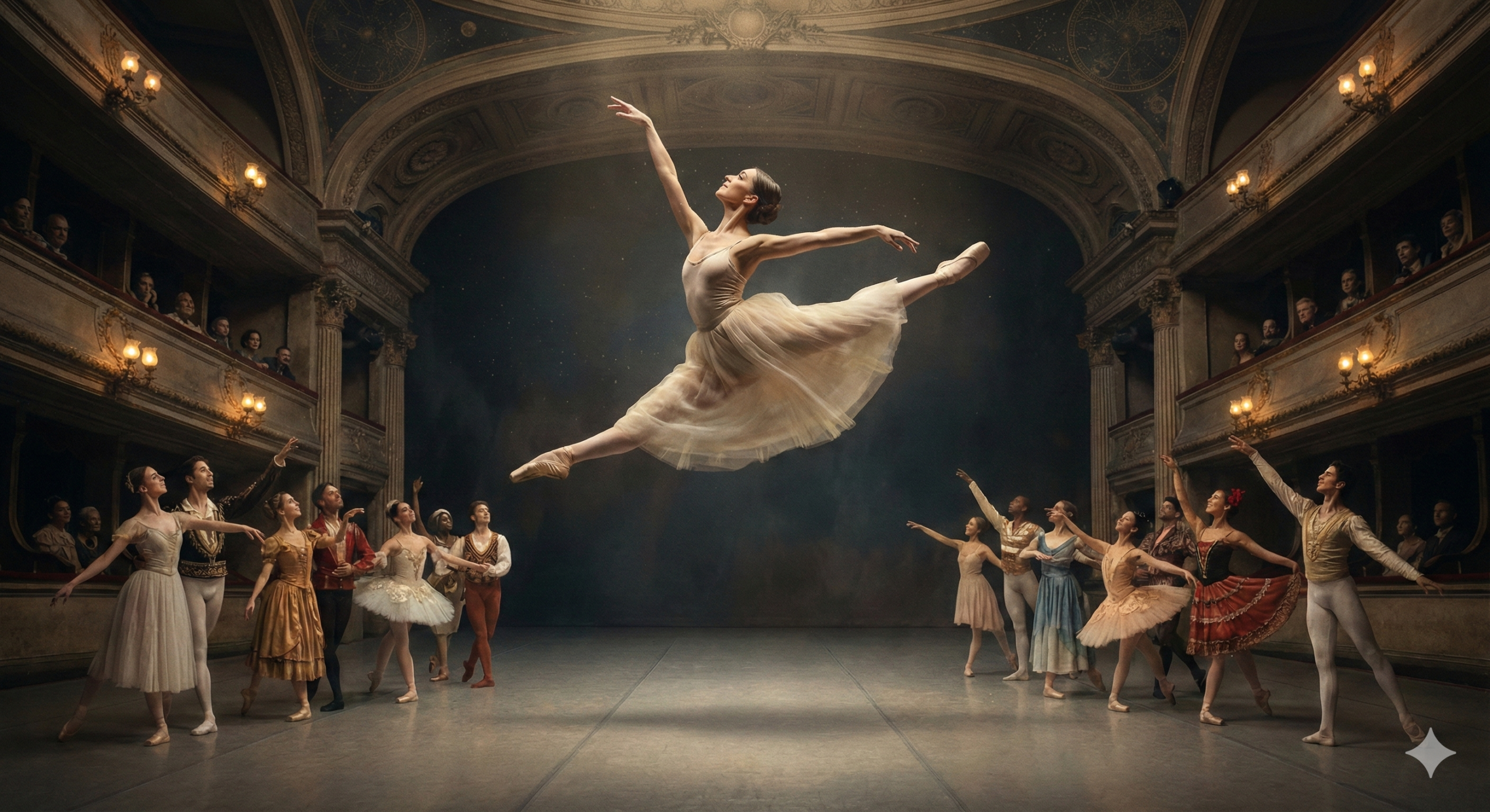 Bailarina de danza clásica en escenario con iluminación dramática