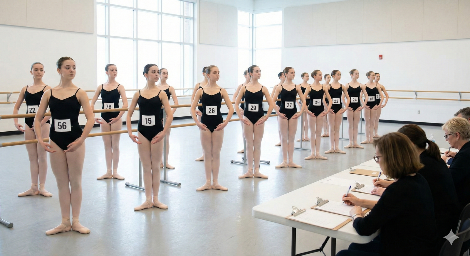 Grupo de bailarinas en clase de audición con dorsales numerados, manteniendo una postura perfecta en la barra
