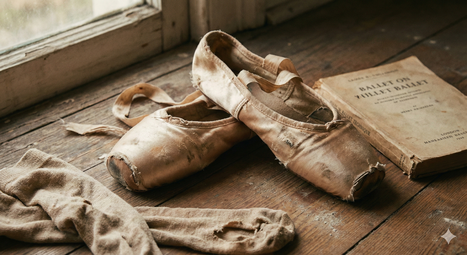 Primer plano artístico de unas zapatillas de punta de satén rosa usadas, mostrando el desgaste del trabajo